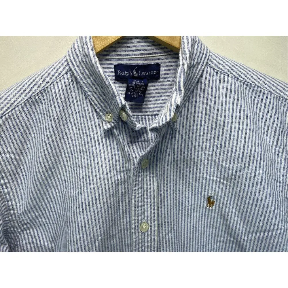 Vintage Polo Ralph Lauren Blue White Stripe Button Long Sleeve Shirt Boys 12